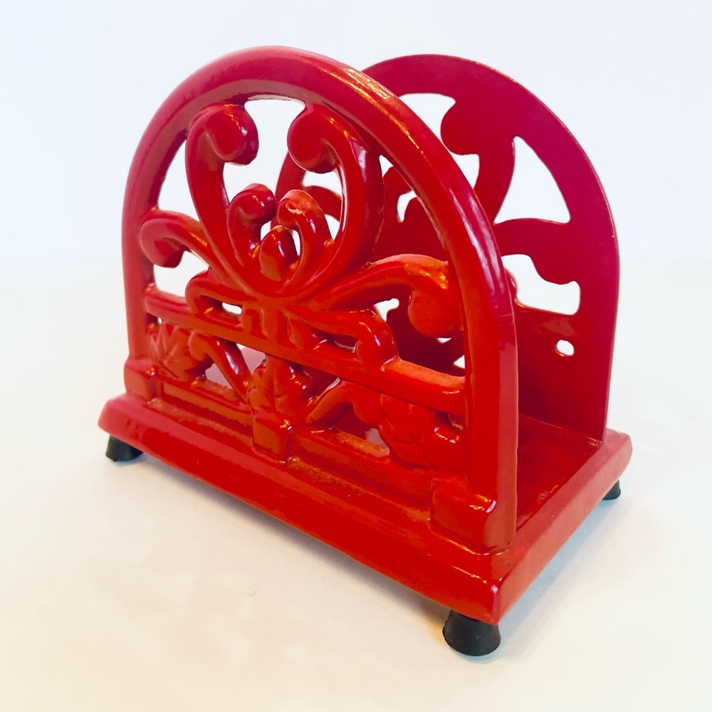 Heavy Made Cast Iron Napkin Holder Home Red Enameled 5” Tall x 5.5” Long - Picture 4 of 7